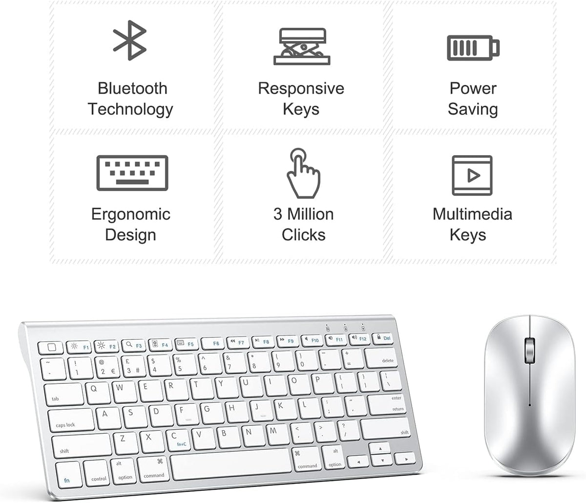 OMOTON Bluetooth Keyboard and Mouse Set Compatible with all iPad Series. With Foldable Bracket, Light and Easy to Carry, Suitable for Business Travel/Home/Office, Silver