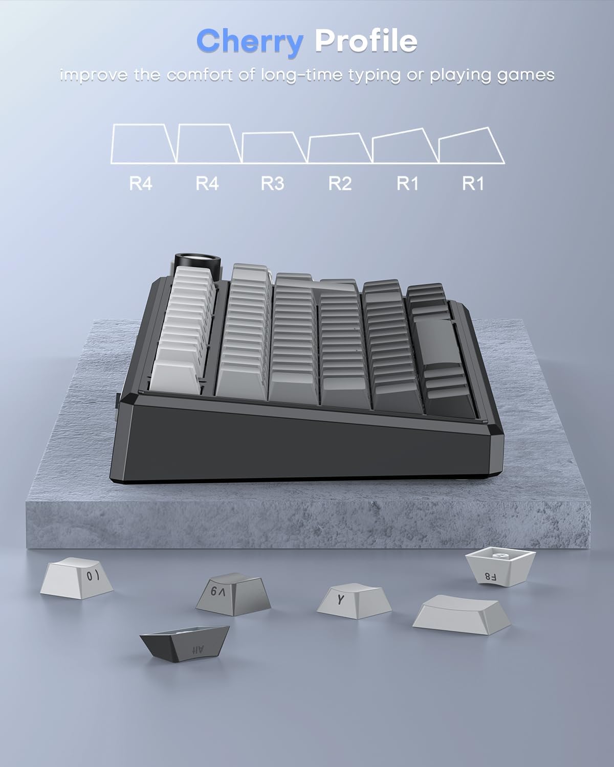 OMOTON Side Print PBT Keycap Set ANSI/ISO UK-Layout, White Grey gradient 127 Keys, Double Shot, Shine Through Custom Keycaps for 61/68/84/87/96/108 MX Switches Keyboards
