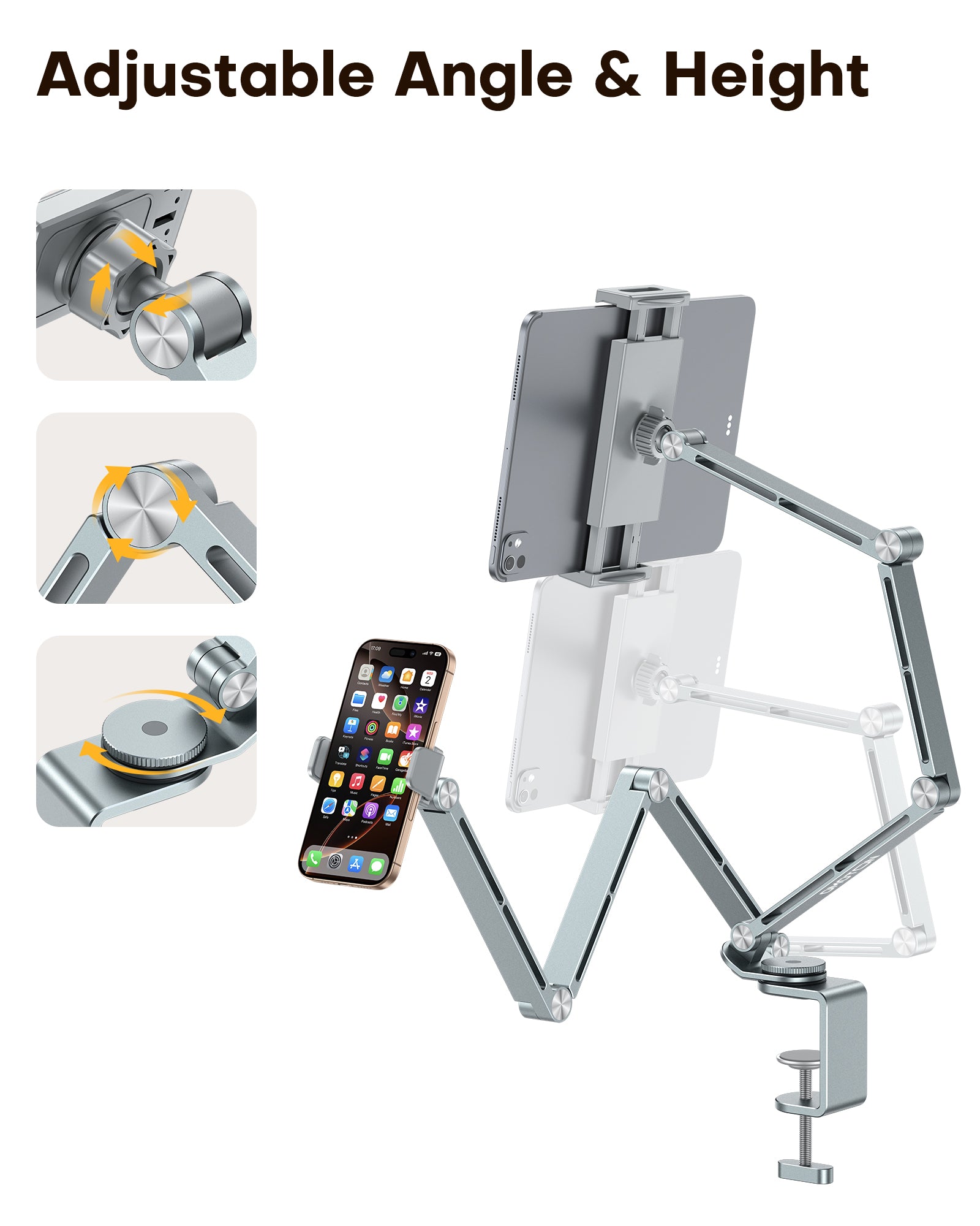 OMOTON GH03 Adjustable Tablet Stand for iPad, Desk Phone Holder for Bed with 2 Clamps, Flexible Aluminum Alloy Mount with 360° Rotation for 4-13" Devices