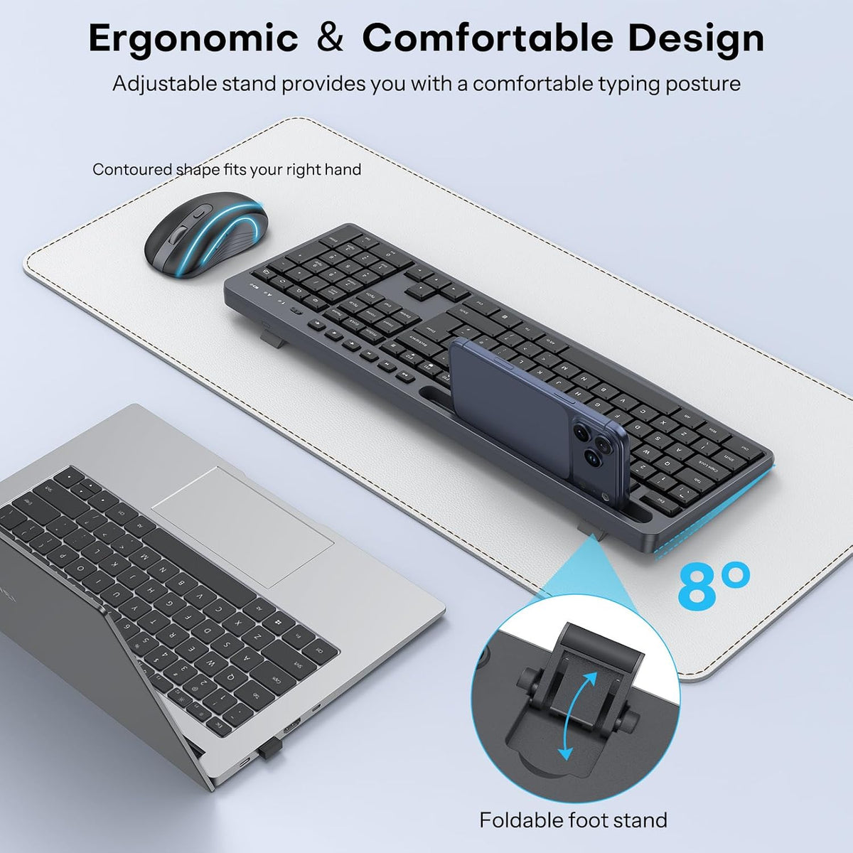 OMOTON Wireless Keyboard and Mouse Combo 2.4GHz with Phone Holder, Black Silent Keyboard, Full Size Quiet Set, Ergonomic Design, 3-Level DPI Quiet Click Mouse for Windows/PC/Laptop/Computer