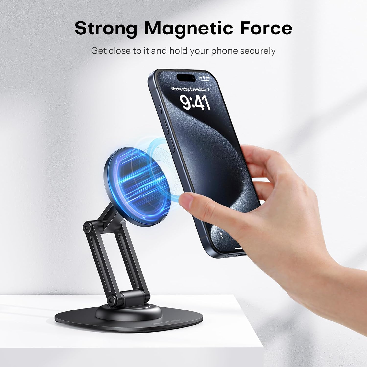 OMOTON 360°Rotating Magnetic Phone Stand for Desk, Adjustable Foldable Aluminum for MagSafe Phone Stand, Non-Slip Base Cell Phone Holder for iPhone 16/15/14/13/12 Pro Max/MagSafe Case- Black