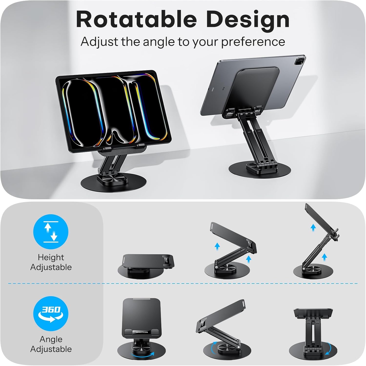 OMOTON Tablet Stand for iPad, Adjustable Tablet Holder for Desk, Portable Monitor Stand Compatible with 4-15.6" Tablets Kindle Such as iPad Pro 11, 10.2, 13, Air/Mini