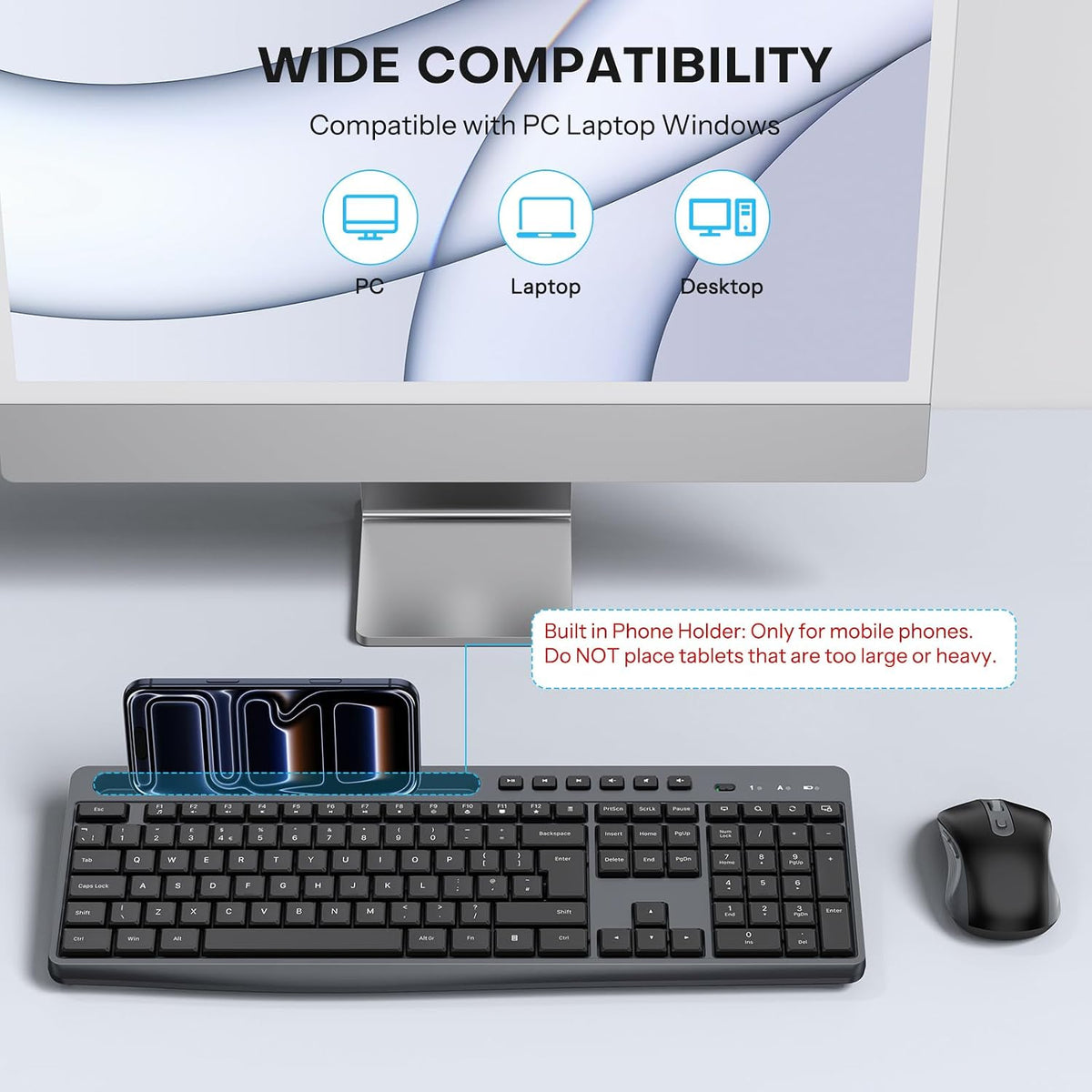 OMOTON Wireless Keyboard and Mouse Combo 2.4GHz with Phone Holder, Black Silent Keyboard, Full Size Quiet Set, Ergonomic Design, 3-Level DPI Quiet Click Mouse for Windows/PC/Laptop/Computer