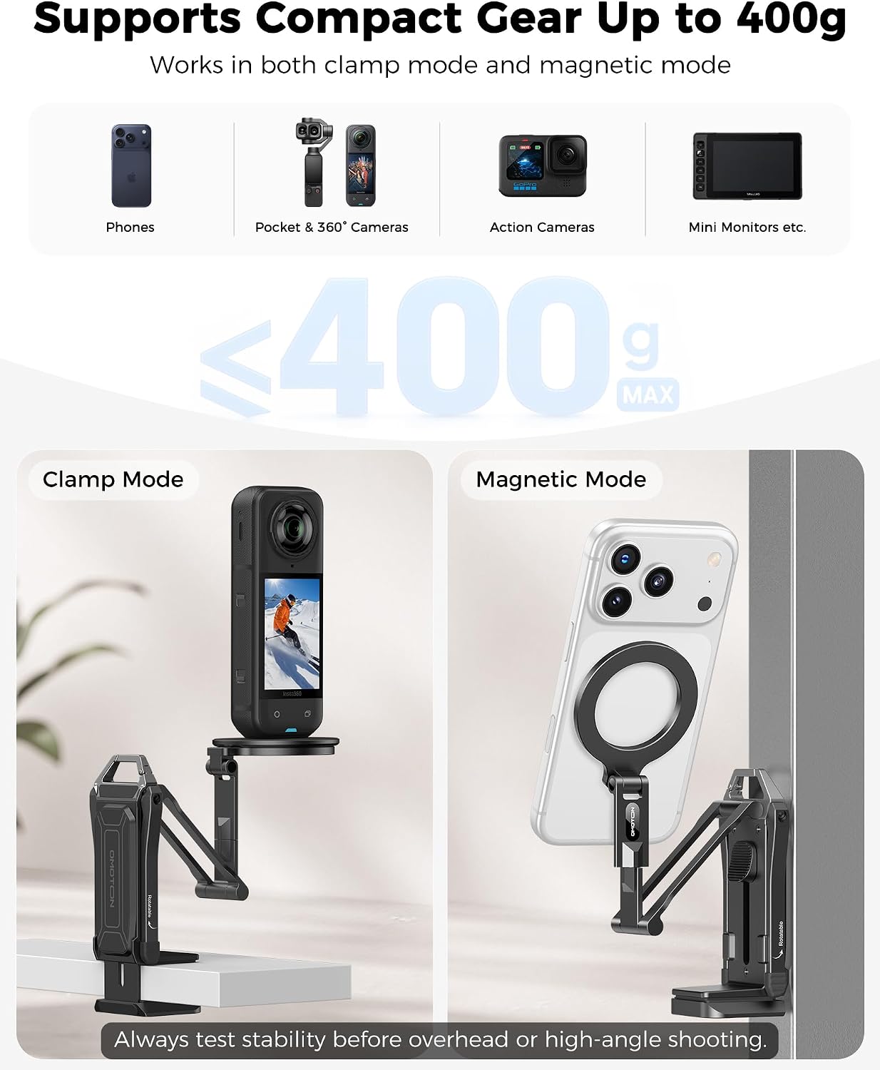 OMOTON TP02-Ultra Magnetic Action Camera Mount for DJI/GoPro iPhone, Black | Arca-type Adapter with 1/4" Screw, 4 in 1 Phone Tripod for Travel Vlog, Adjustable & Swivel, for iPhone 12-17 Series