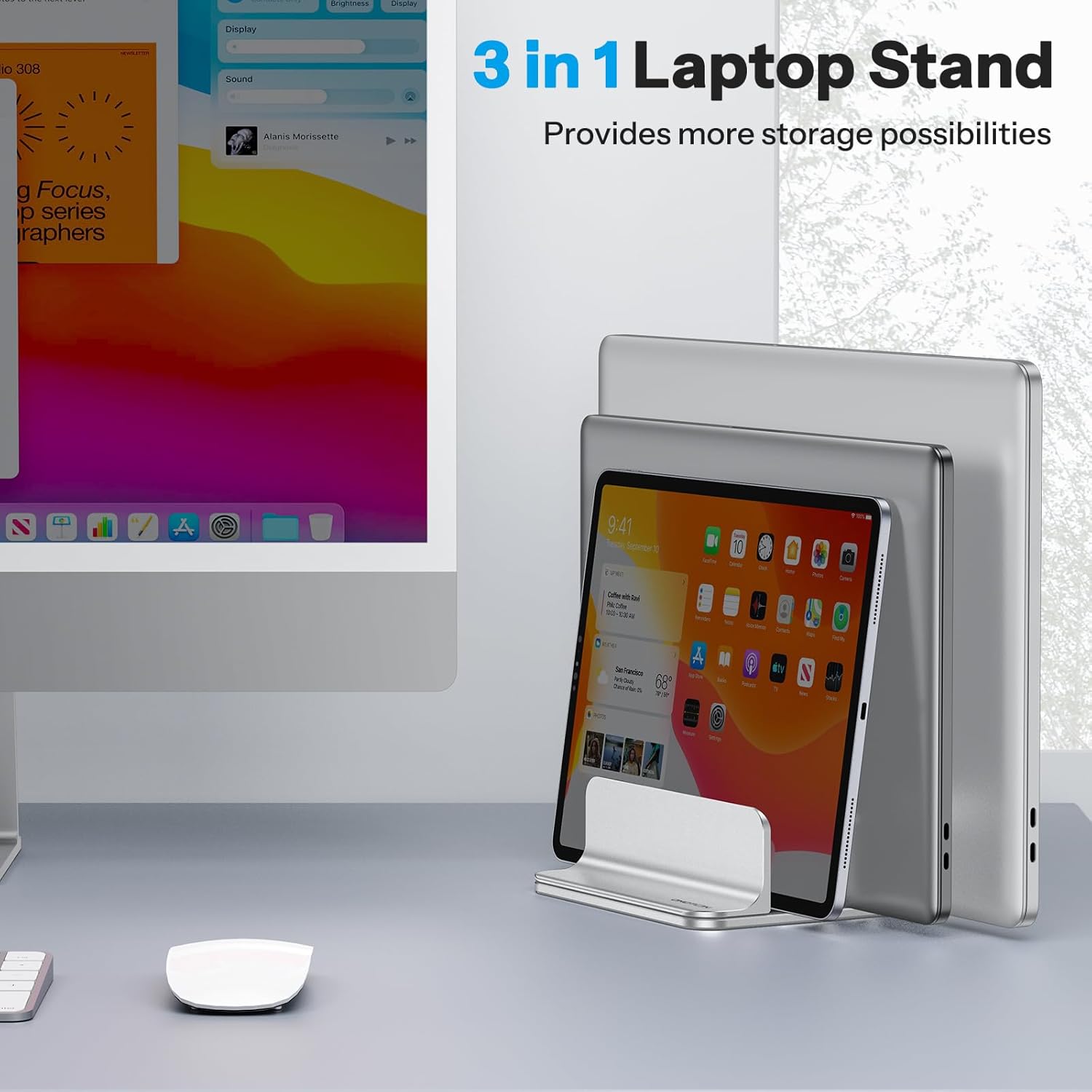 OMOTON Vertical Laptop Stand [Updated 3-Slots Version], Desktop Aluminum Mac Book Stand with Adjustable Dock Size, Fits All Mac Book, Chrome Book and Gaming Laptops (Up to 17.3 inch)