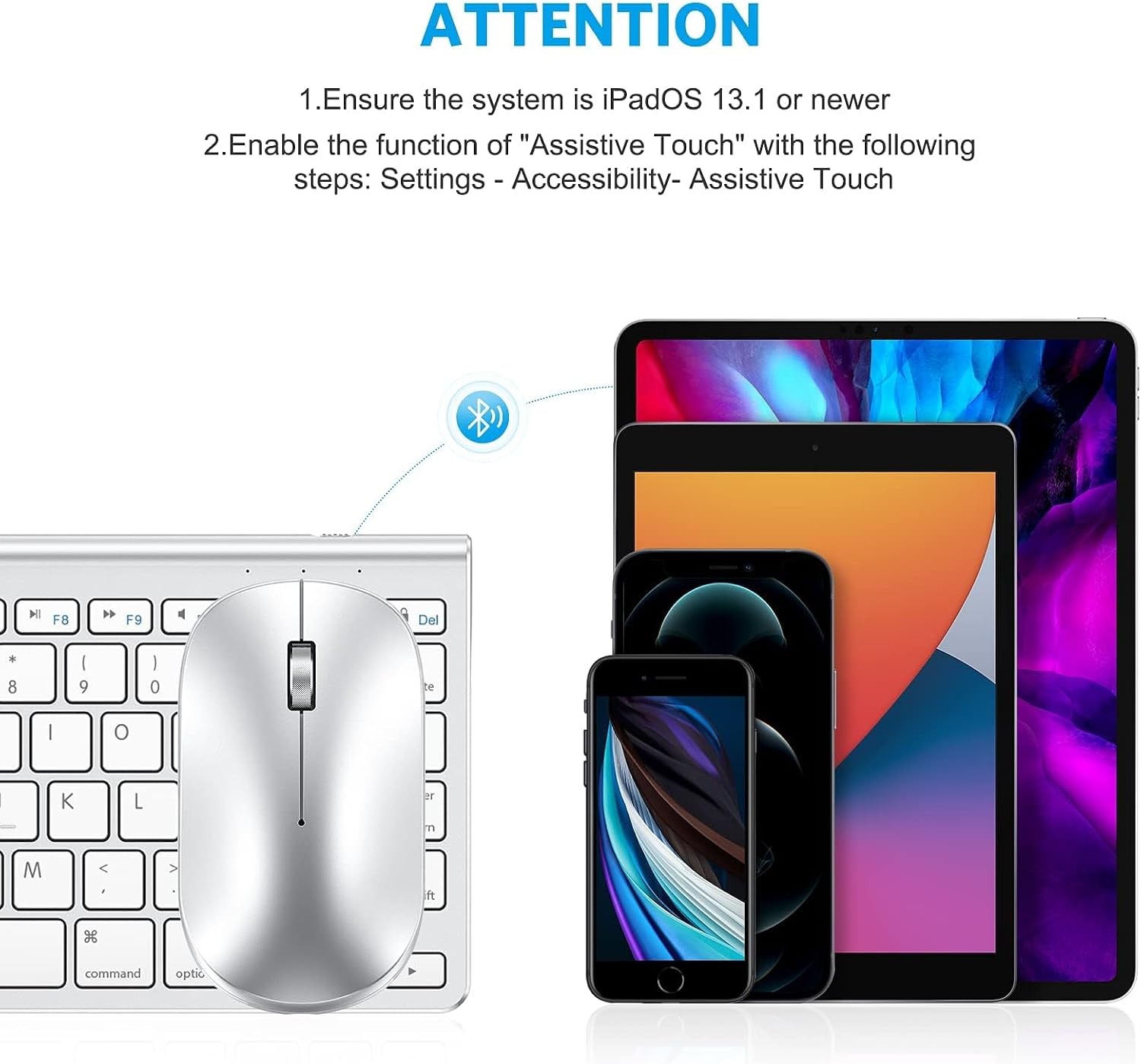 OMOTON Bluetooth Keyboard and Mouse Set Compatible with all iPad Series. With Foldable Bracket, Light and Easy to Carry, Suitable for Business Travel/Home/Office, Silver
