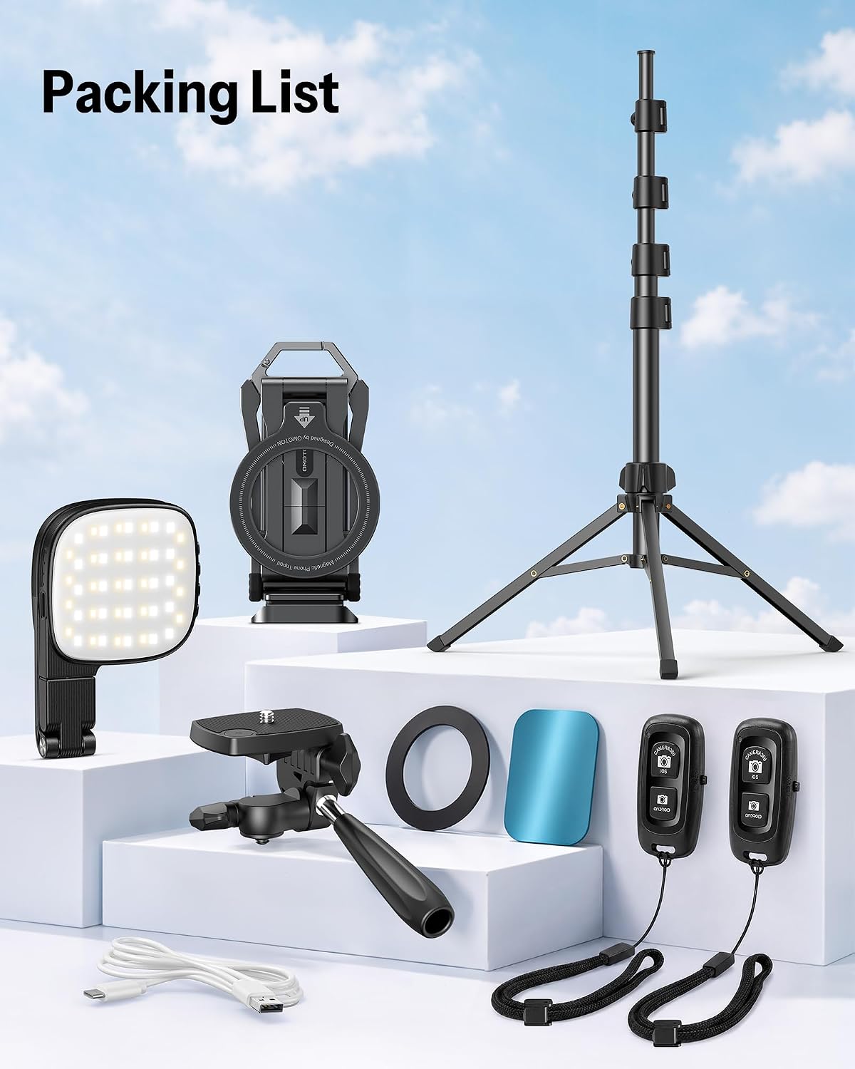 OMOTON TP02-Pro-PK 65" Magnetic Phone Tripod Kit with Fill Light & 2 Remote | Arca-type Base with a 1/4" Screw Hole, Adjustable Height, 10-level Adjustable Brightness, USB-C Charging, for iPhone 12-17