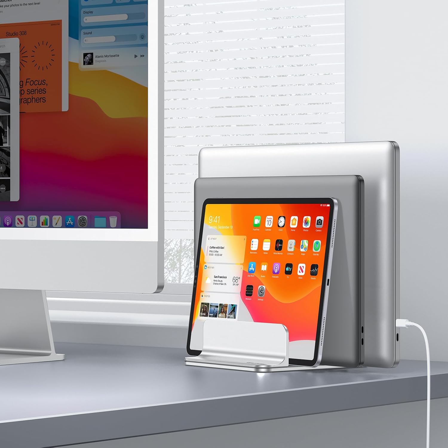 OMOTON Vertical Laptop Stand [Updated 3-Slots Version], Desktop Aluminum Mac Book Stand with Adjustable Dock Size, Fits All Mac Book, Chrome Book and Gaming Laptops (Up to 17.3 inch)