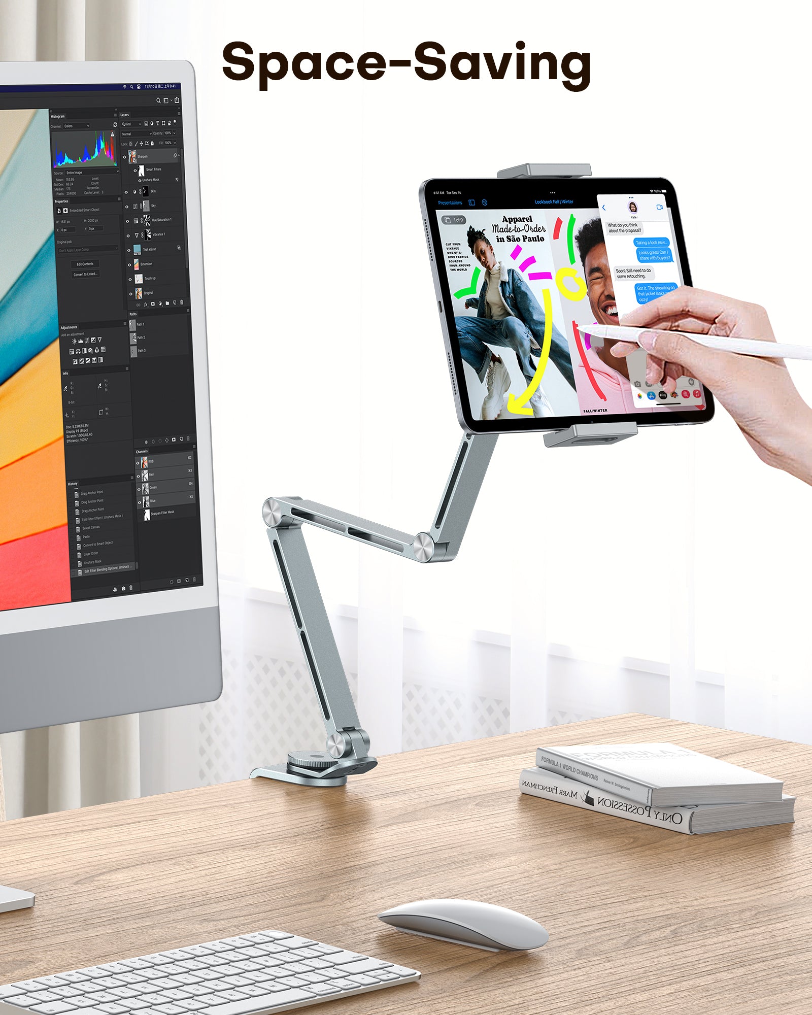 OMOTON GH03 Adjustable Tablet Stand for iPad, Desk Phone Holder for Bed with 2 Clamps, Flexible Aluminum Alloy Mount with 360° Rotation for 4-13" Devices