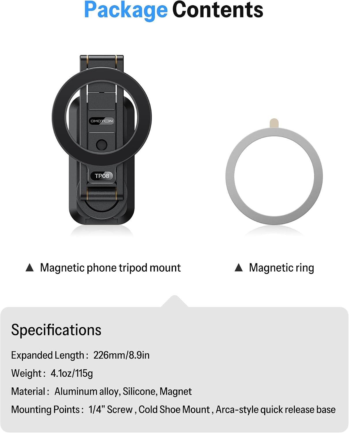 OMOTON Magnetic Phone Mount for Tripod Camera with Arca Base Cold Shoe 1/4" | Aluminum 360° Adjustable, Detachable Base with Magnet for Steel Surface for Gym Golf Cart Video Recording, for iPhone Android