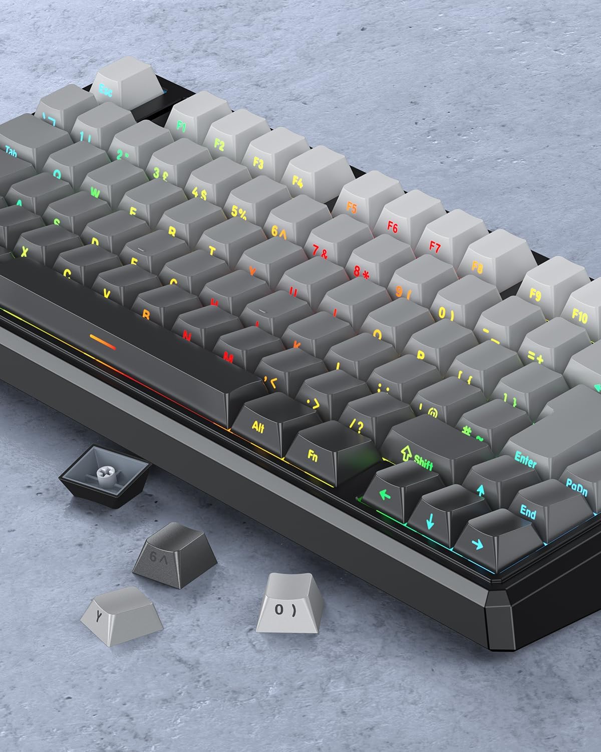 OMOTON Side Print PBT Keycap Set ANSI/ISO UK-Layout, White Grey gradient 127 Keys, Double Shot, Shine Through Custom Keycaps for 61/68/84/87/96/108 MX Switches Keyboards