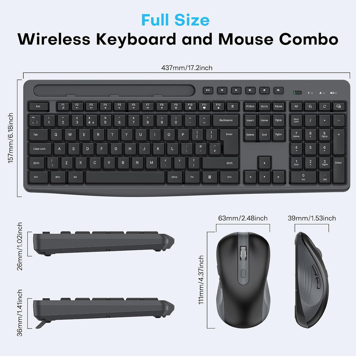 OMOTON Wireless Keyboard and Mouse Combo 2.4GHz with Phone Holder, Black Silent Keyboard, Full Size Quiet Set, Ergonomic Design, 3-Level DPI Quiet Click Mouse for Windows/PC/Laptop/Computer
