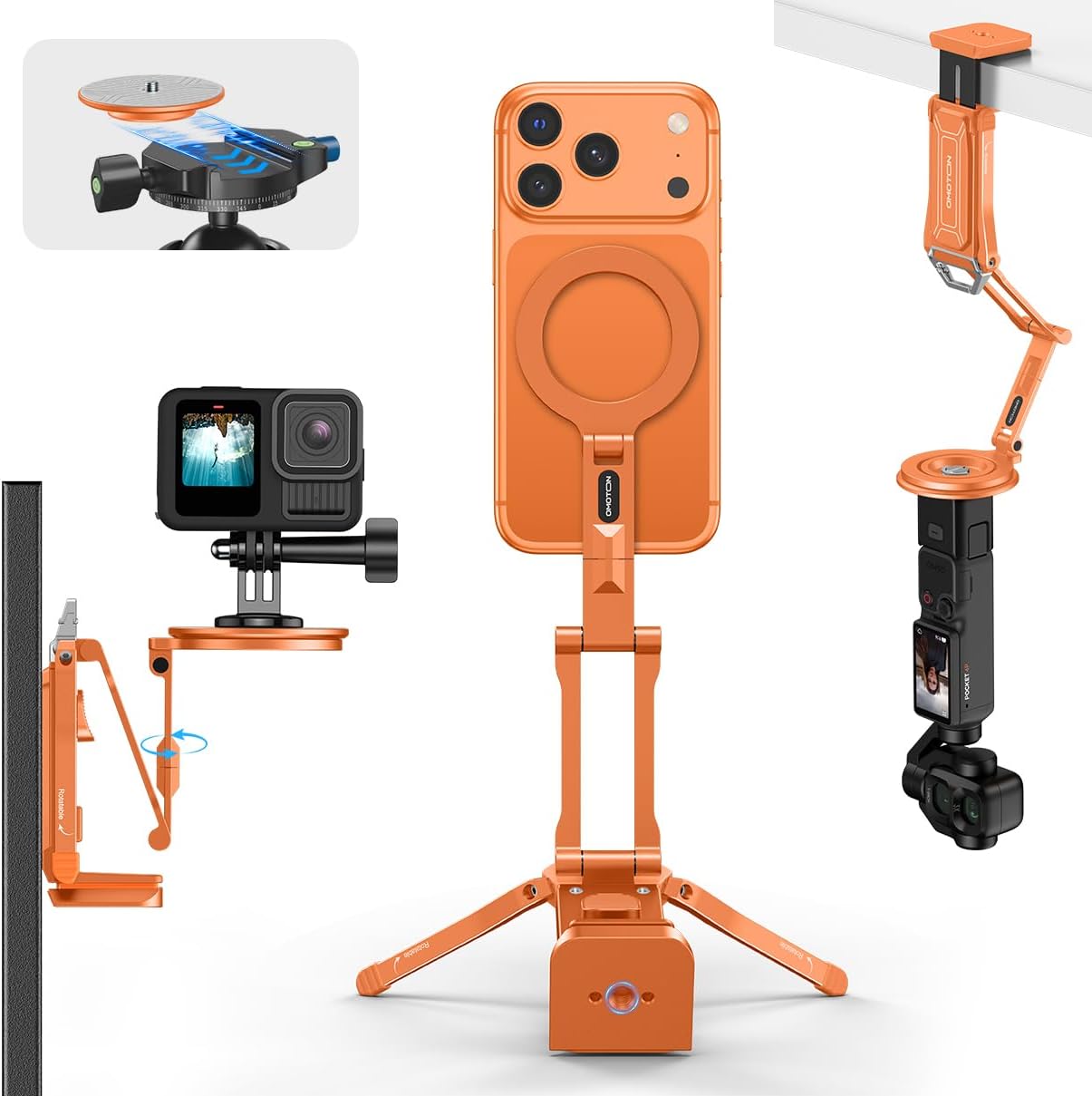 OMOTON TP02-Ultra Magnetic Action Camera Mount for DJI/GoPro iPhone, Black | Arca-type Adapter with 1/4" Screw, 4 in 1 Phone Tripod for Travel Vlog, Adjustable & Swivel, for iPhone 12-17 Series